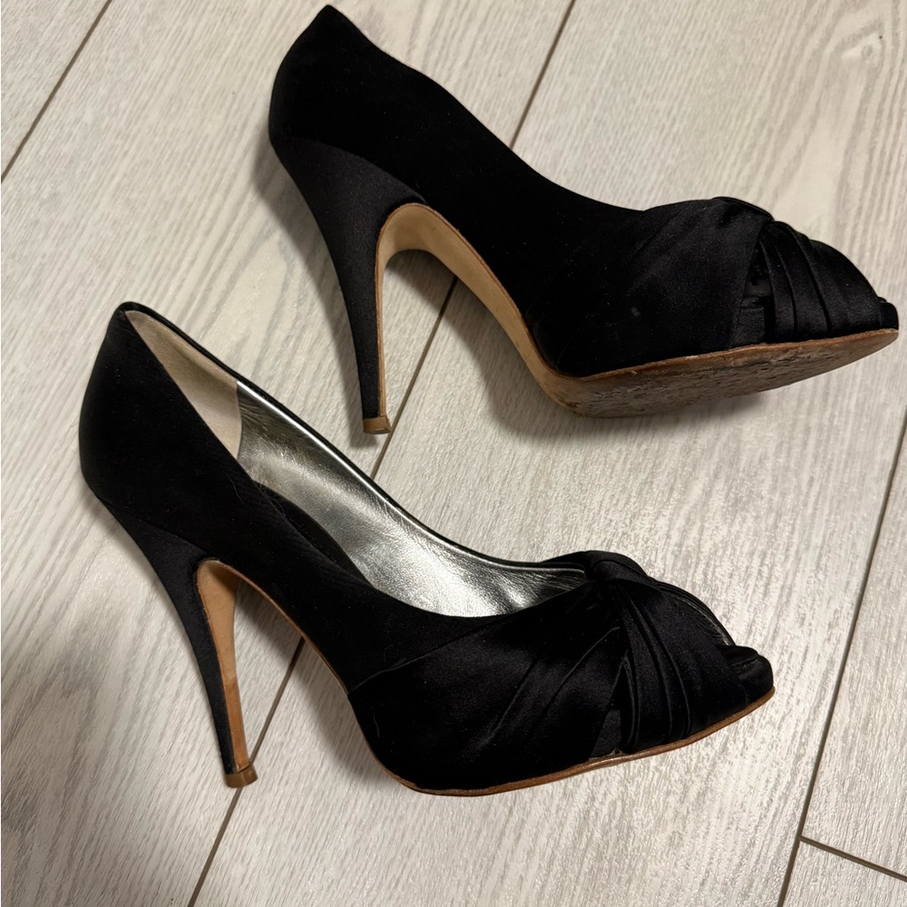 Giuseppe Zanotti 36.5 black satin peep toe stiletto heels leather wedding party